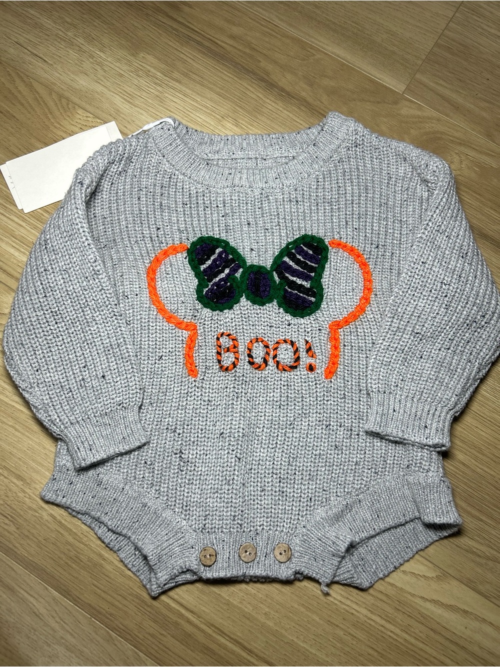 Gray Knit Baby Romper with Halloween Bow and "Boo!" Detail